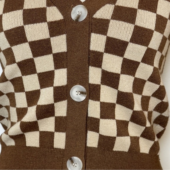 Vintage-Inspired Brown & Cream Checkerboard Cropped Cardigan Women XS - Picture 2 of 7